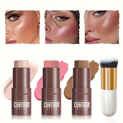 Set of four Blushimmer cream contour and highlighter sticks with contour brush for face sculpting, non-greasy formula.