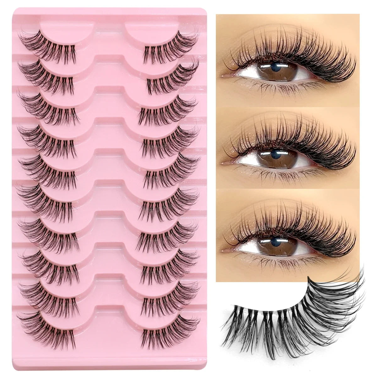 Blushimmer GROINNEYA half lashes with soft, natural wispy faux mink design and clear band for a subtle, natural eyelash extension look.