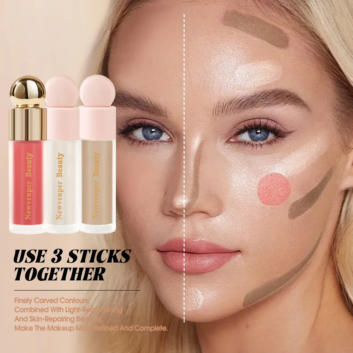 Blushimmer liquid highlighter, blush, and contour stick set for face and body with a silky glow and matte pink shade.