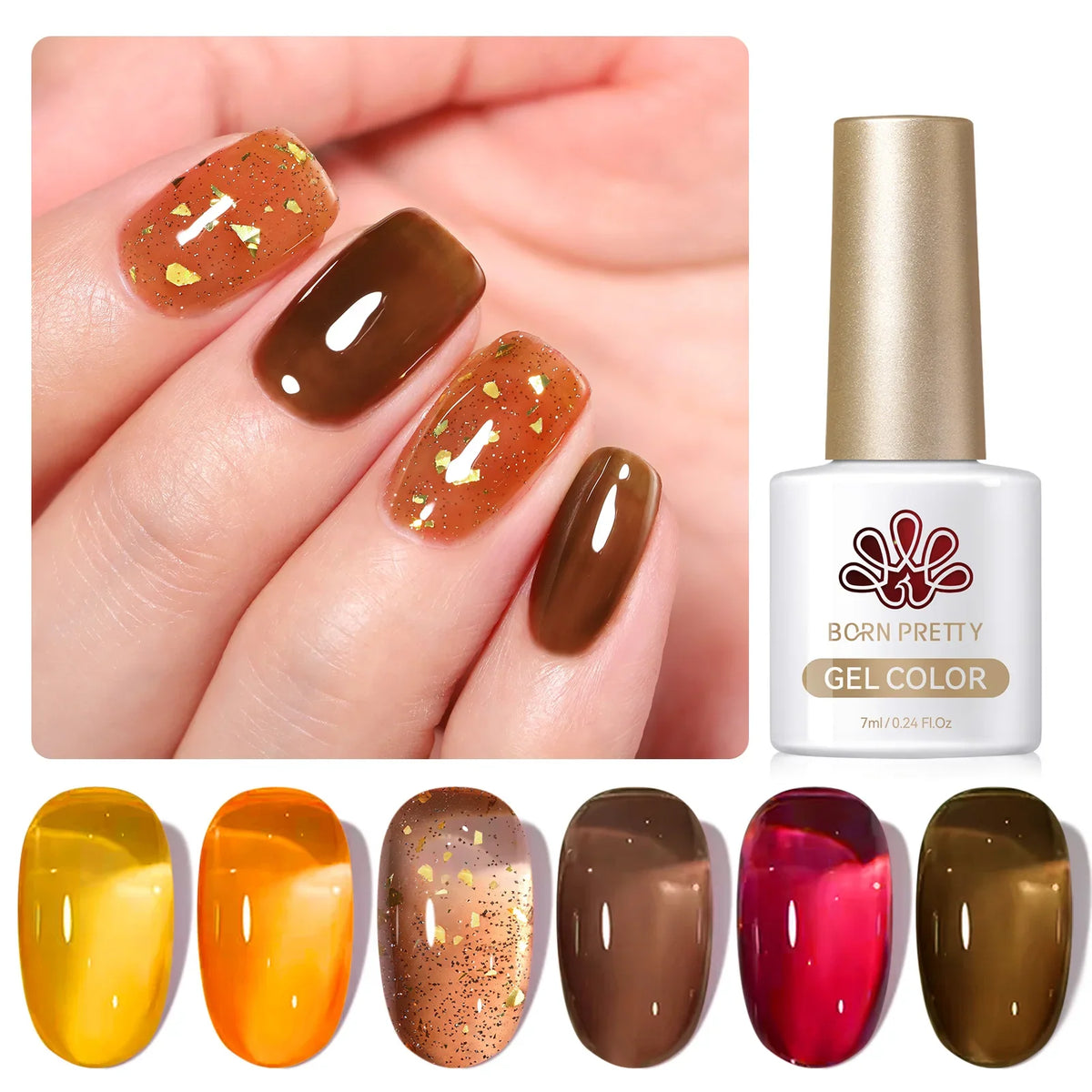 Born Pretty 6-piece crystal amber gel nail polish set in jelly pink and nude shades for semi-permanent UV and LED manicure.