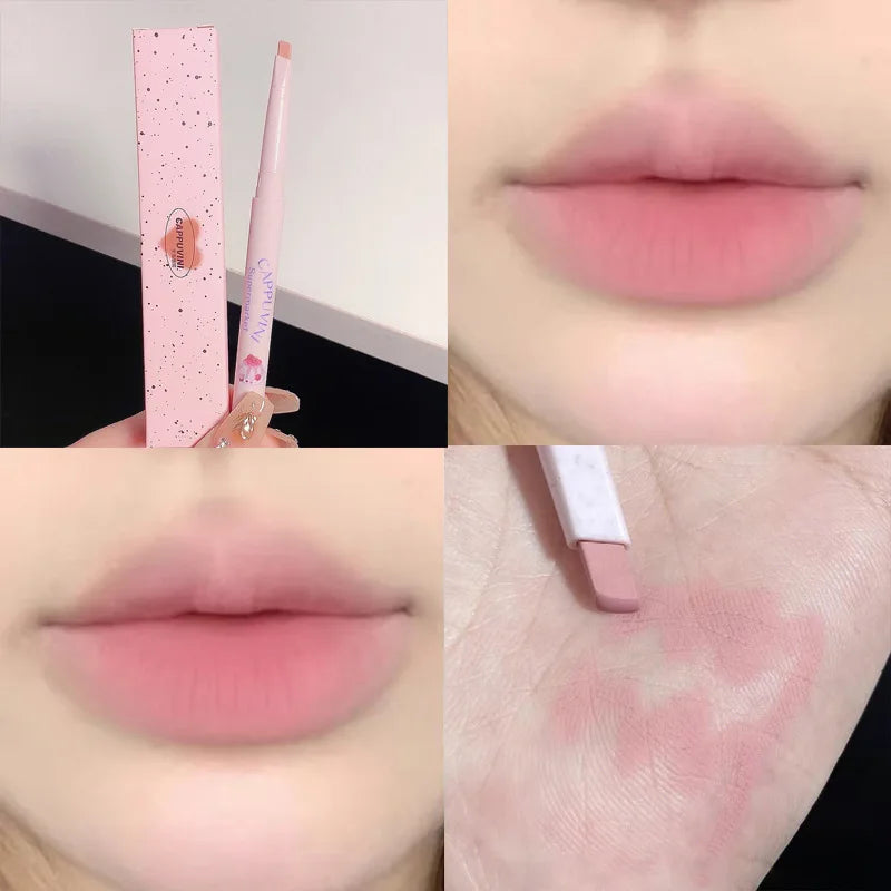 Blushimmer CAPPUVINI matte lip liner pencil outlining lips with long-lasting, waterproof lipstick color.