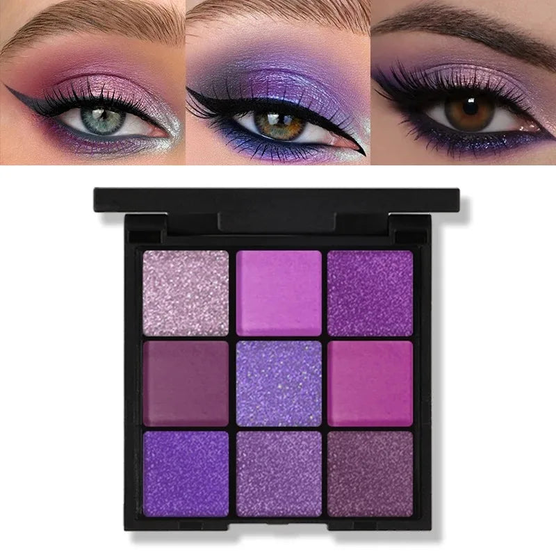 Blushimmer 9-color eyeshadow palette with bright matte, metallic, shimmer, and glitter shades for long-lasting waterproof eye makeup.