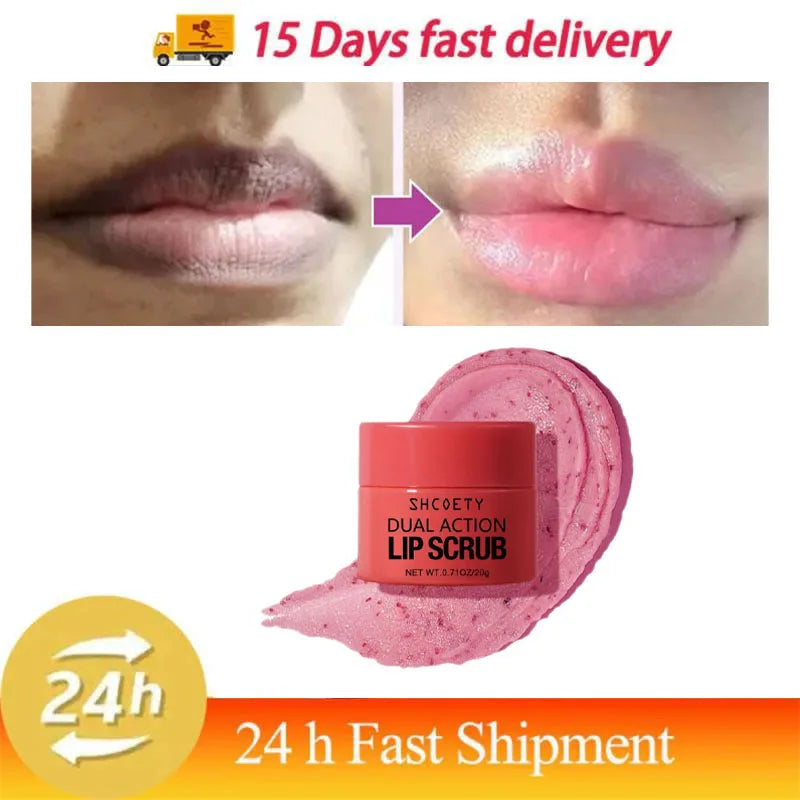 Blushimmer dark lip scrub with pink exfoliating particles, moisturizing and lightening lips, dead skin removal, Korean beauty product.