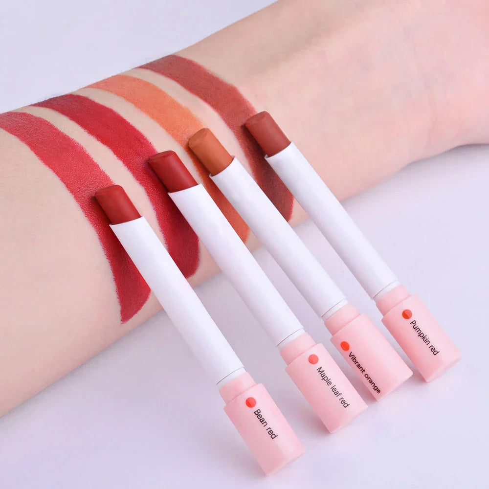 Set of four Blushimmer makeup lipsticks featuring matte, glossy, and lip tint finishes in vibrant colors with waterproof, long-lasting formulas.