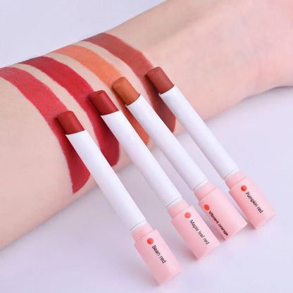 Set of four Blushimmer makeup lipsticks featuring matte, glossy, and lip tint finishes in vibrant colors with waterproof, long-lasting formulas.