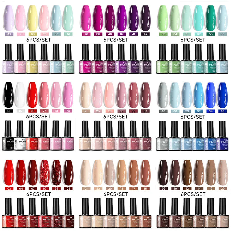 Blushimmer UR SUGAR 7ml gel nail polish set with nude pink, red, and glitter shades for semi-permanent UV gel manicures.