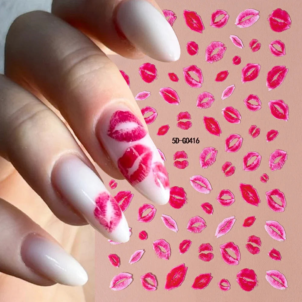 Red lips nail decal stickers from Blushimmer featuring love heart designs, ideal for Valentine's Day romantic DIY nail art.