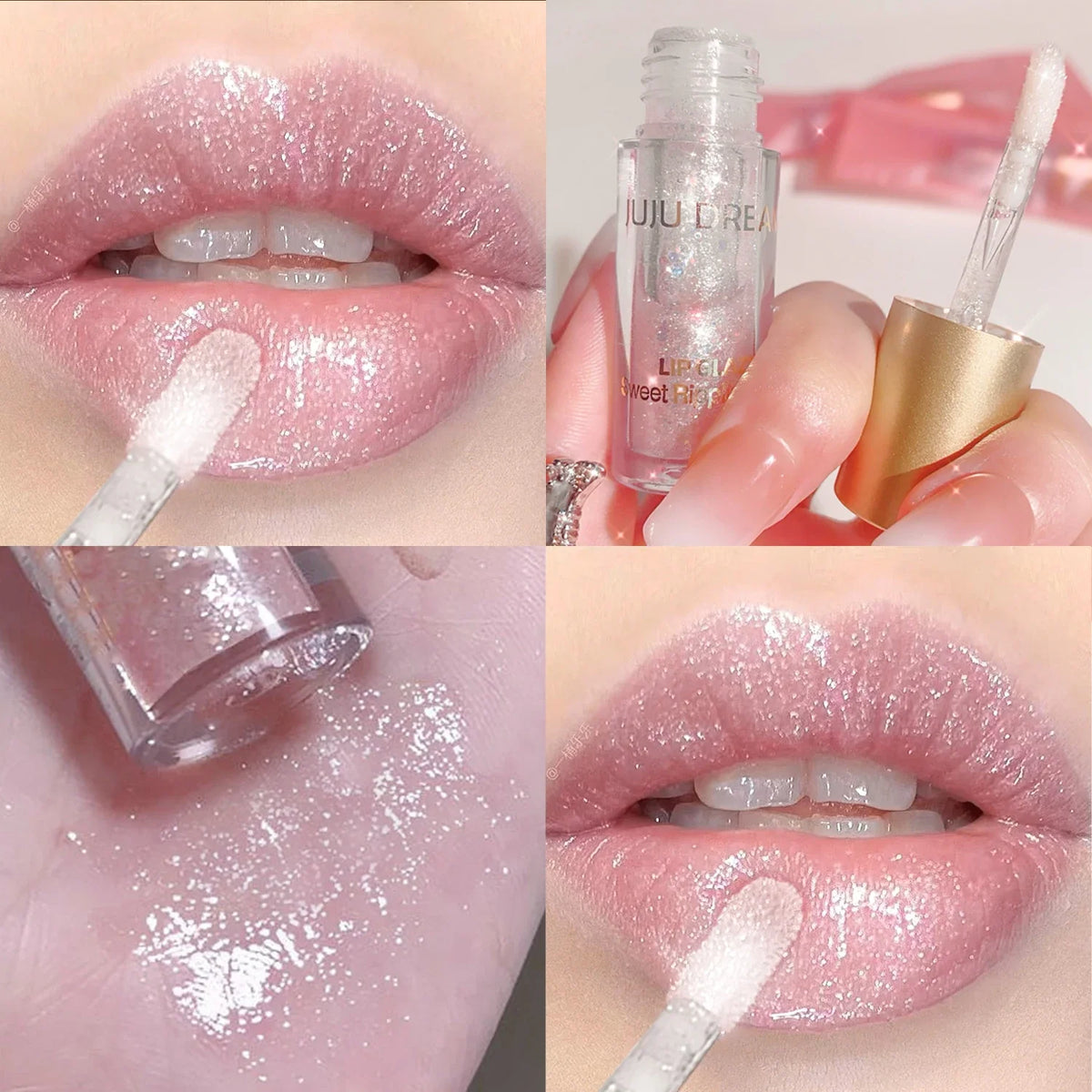 Blushimmer sparkling lip glaze with transparent water gloss finish, reflecting light and adding shine to lips.