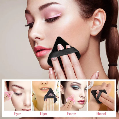 Set of 6 triangle velvet powder puffs from Blushimmer, reusable and washable cosmetic sponges for face and eye makeup application.