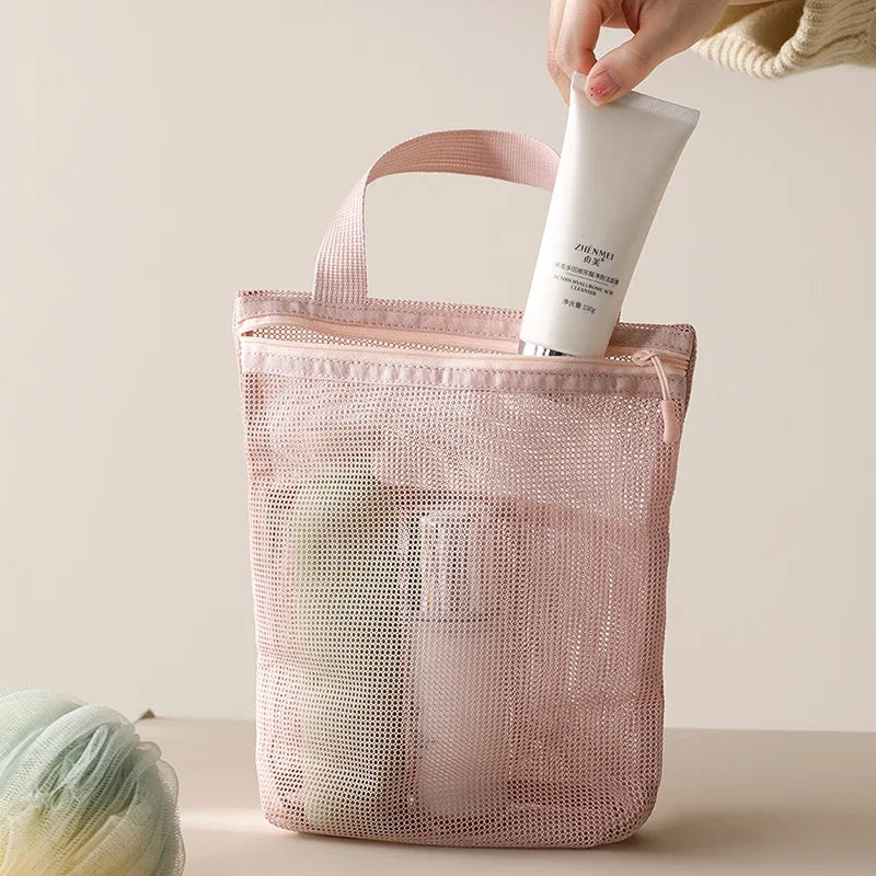 Blushimmer portable toiletry bag with handle, large capacity mesh storage for travel, makeup, and business trips.