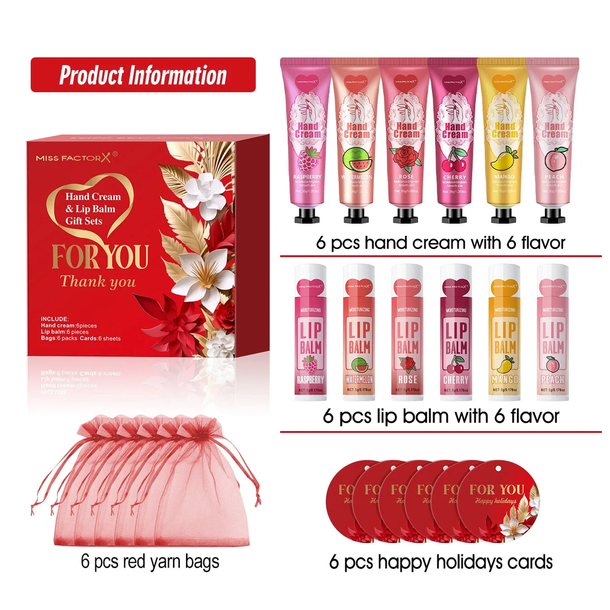 Set of 24 Blushimmer lip balms, hand creams, thank you cards, and red gauze bags for wedding or holiday gifts, arranged neatly.