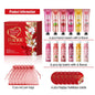 Set of 24 Blushimmer lip balms, hand creams, thank you cards, and red gauze bags for wedding or holiday gifts, arranged neatly.