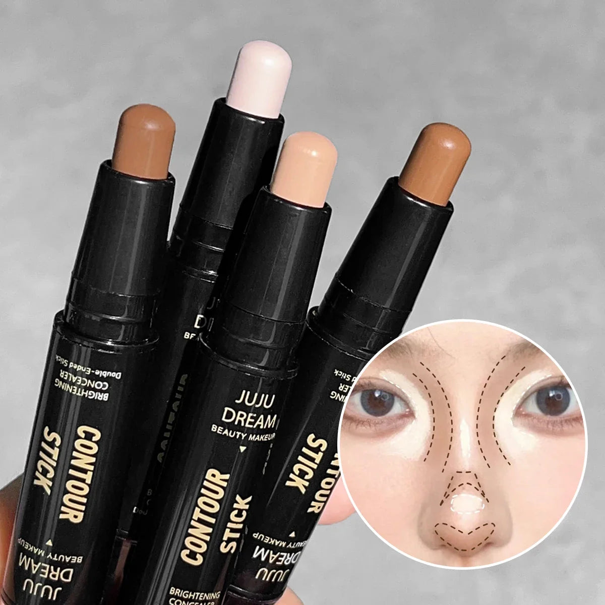 Blushimmer dual-ended highlighter and concealer pen with natural three-dimensional shadow wand for face highlighting and contouring.
