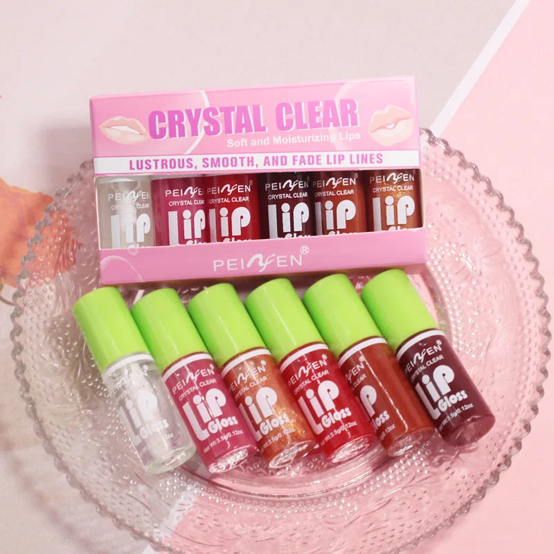 Six-piece Blushimmer glass mirror lip gloss set with hydrating peach and cherry pink shades, featuring glossy, sheer tint and shimmer finish.