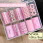 Blushimmer nail art transfer paper featuring 10 rolls of plaid, stars, and bird designs for manicures and nail decorations.