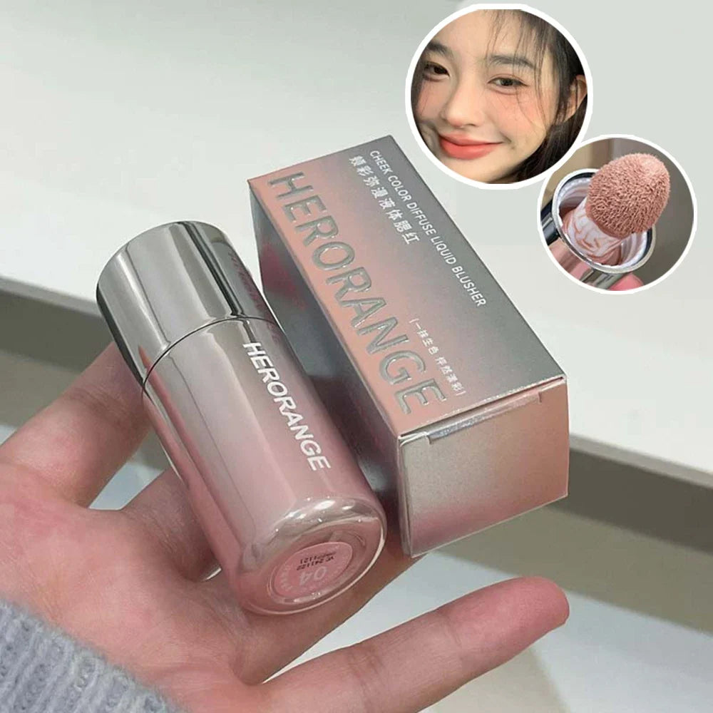 Blushimmer HERORANGE liquid blush in a natural, low-saturation matte shade, designed to enhance a natural complexion.