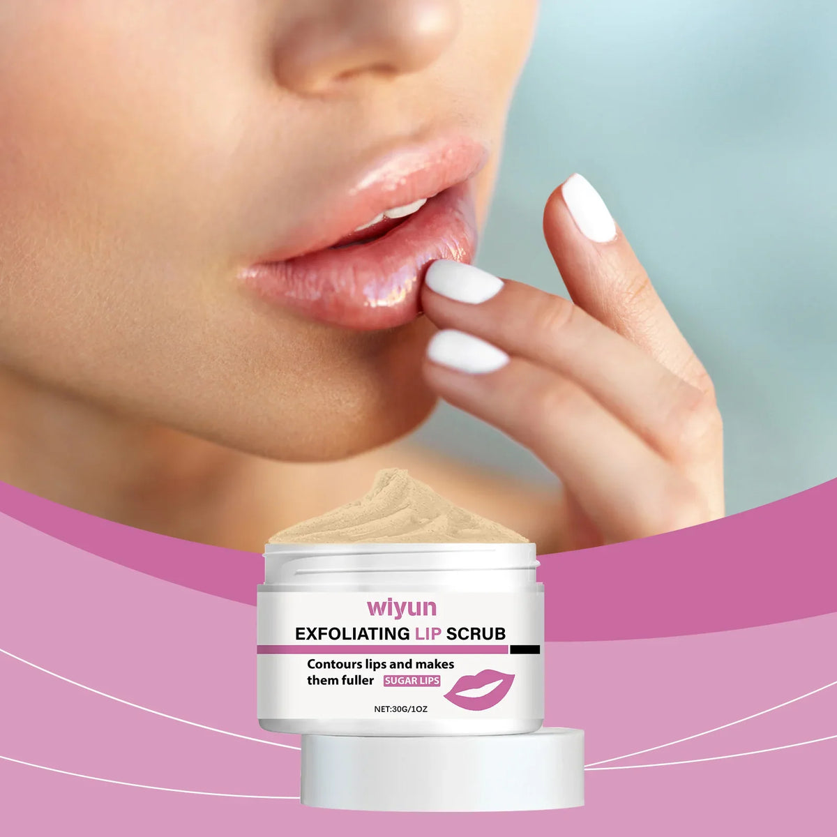 Blushimmer gentle lip scrub with sugar exfoliants and moisturizing ingredients for soft, smooth, hydrated lips.