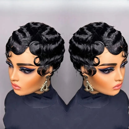 Black finger wave human hair wig with short pixie cut, Brazilian human hair, ocean wave style, machine-made, by MISSHAIR Store.