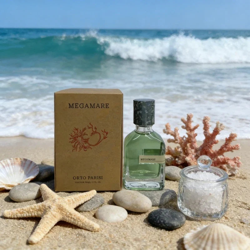 Blushimmer luxury unisex perfume Eau De Parfum with woody, aquatic, and leather notes in a 50ml bottle.