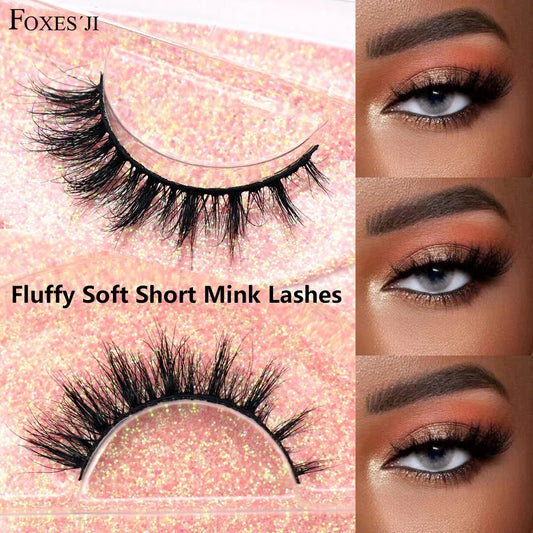 Blushimmer FOXESJI real mink fluffy short eye lashes extension, wispy and natural full strip false eyelashes for daily makeup wear