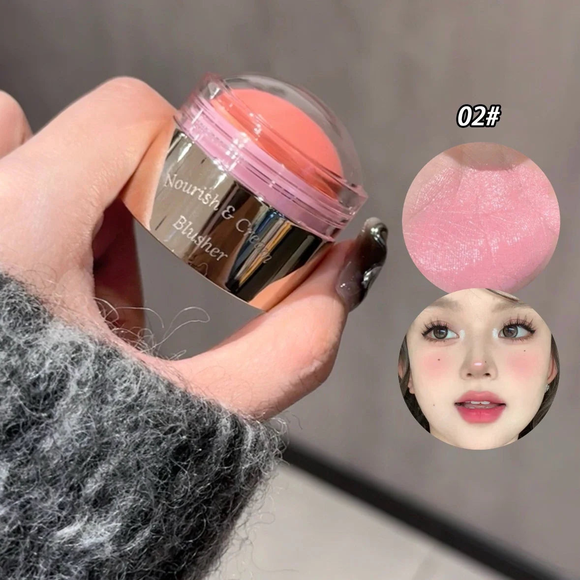 Creamy purple blush stick by Blushimmer with peach pink tint, applied on cheeks for brightening and contouring.