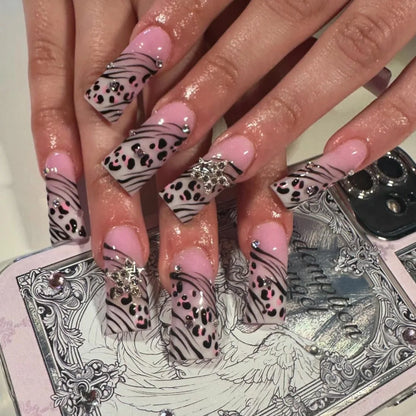 Blushimmer 3D bowknot pearl leopard French nude almond false nails with detachable press-on design and fashionable nail art details.