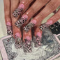 Blushimmer 3D bowknot pearl leopard French nude almond false nails with detachable press-on design and fashionable nail art details.