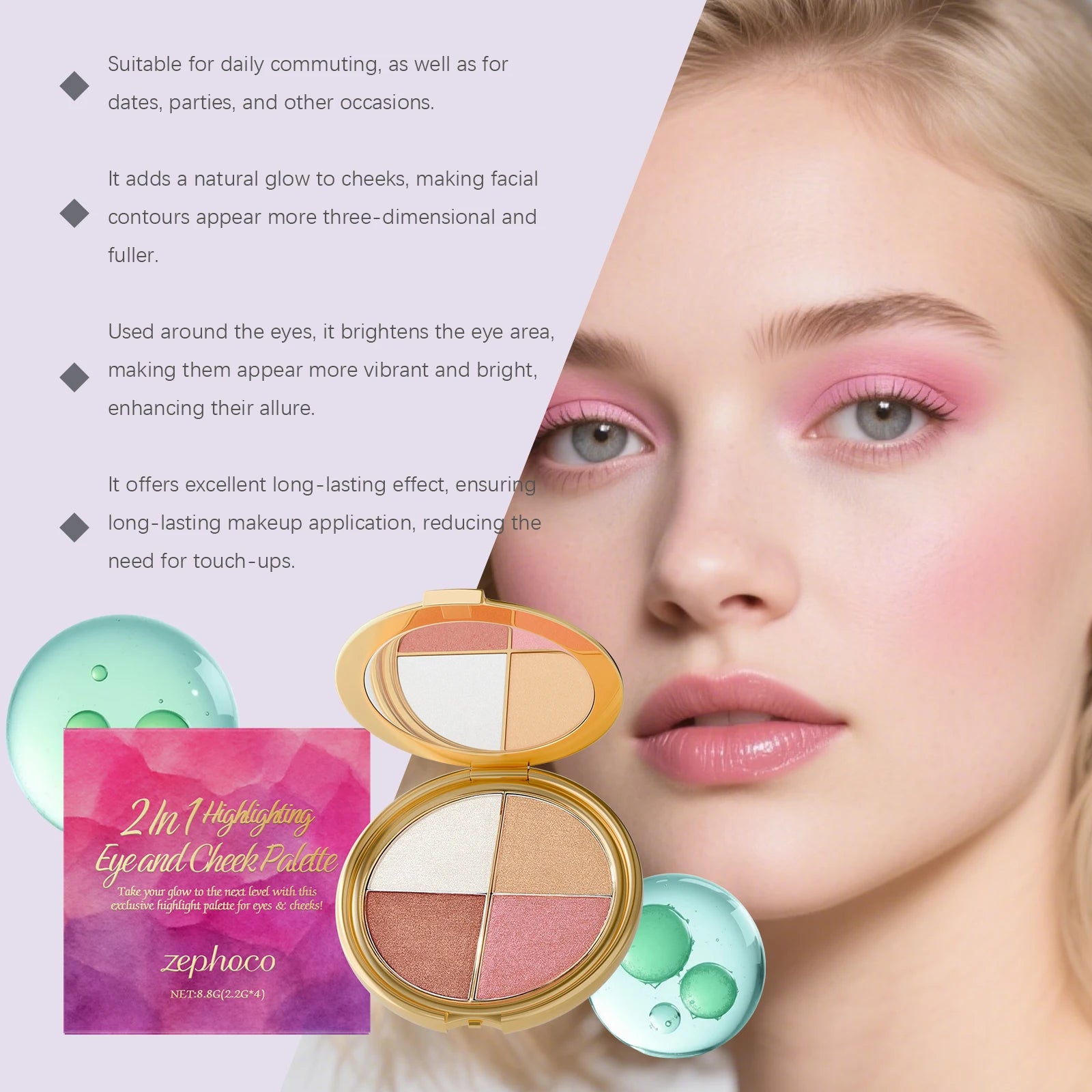 Zephoco 2In1 Highlighting Eye & Cheek Palette 4 Colors Shimmery Glow Makeup Palette For Face Eyes Daily Party Makeup