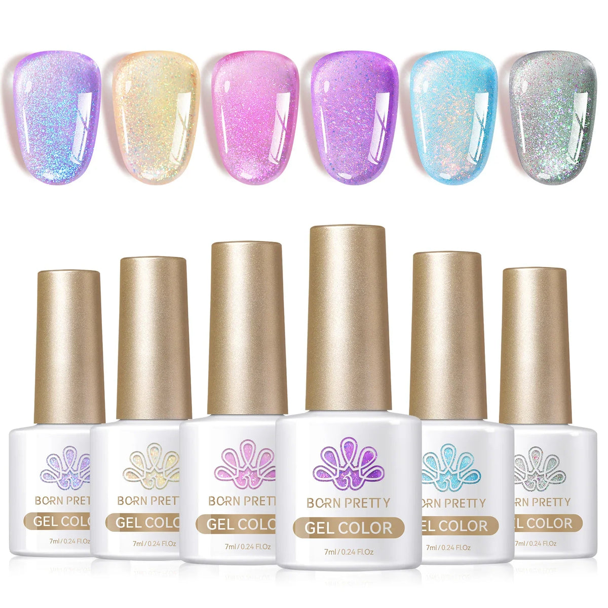 Six bottles of Blushimmer Born Pretty crystal amber gel nail polish set in jelly pink and nude shades for winter manicures.