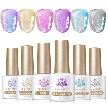 Six bottles of Blushimmer Born Pretty crystal amber gel nail polish set in jelly pink and nude shades for winter manicures.