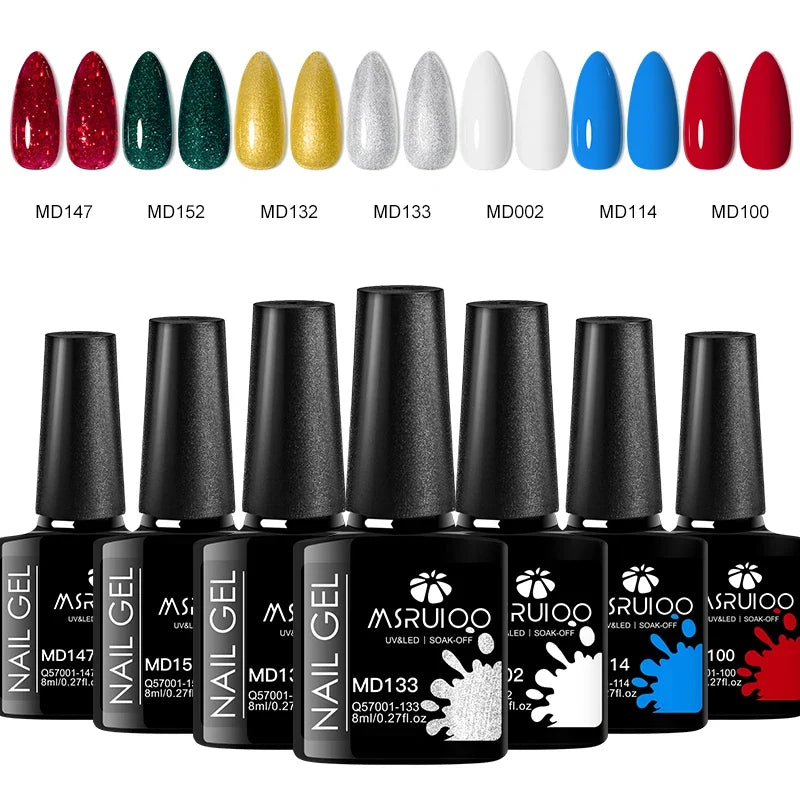 Blushimmer 7-piece nail gel polish set with vibrant colors for DIY nail art, long-lasting UV gel manicure and decorative nail painting.