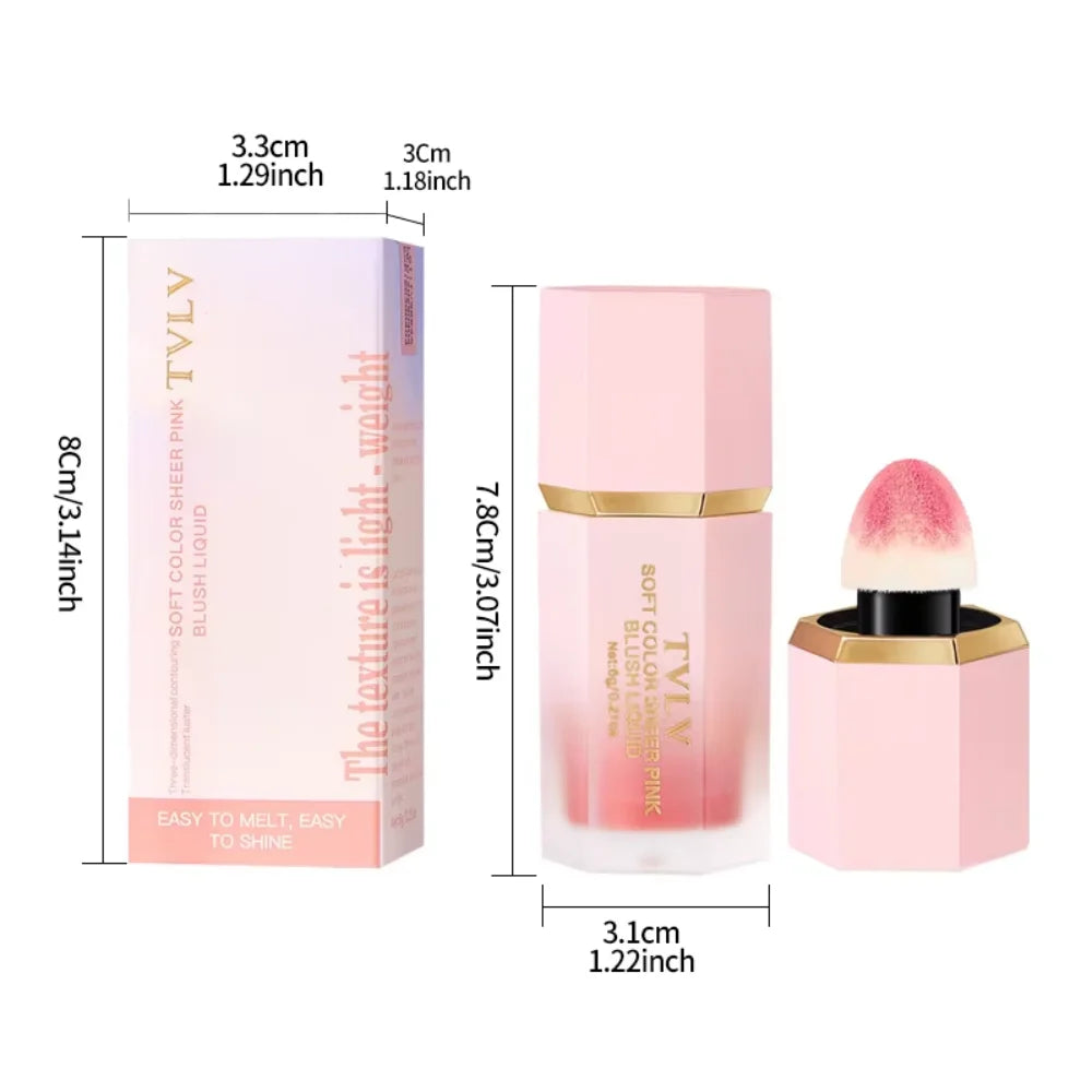 Blushimmer TVLV Velvet Liquid Blush with sponge head, natural matte finish, brightening facial contour and tint makeup application