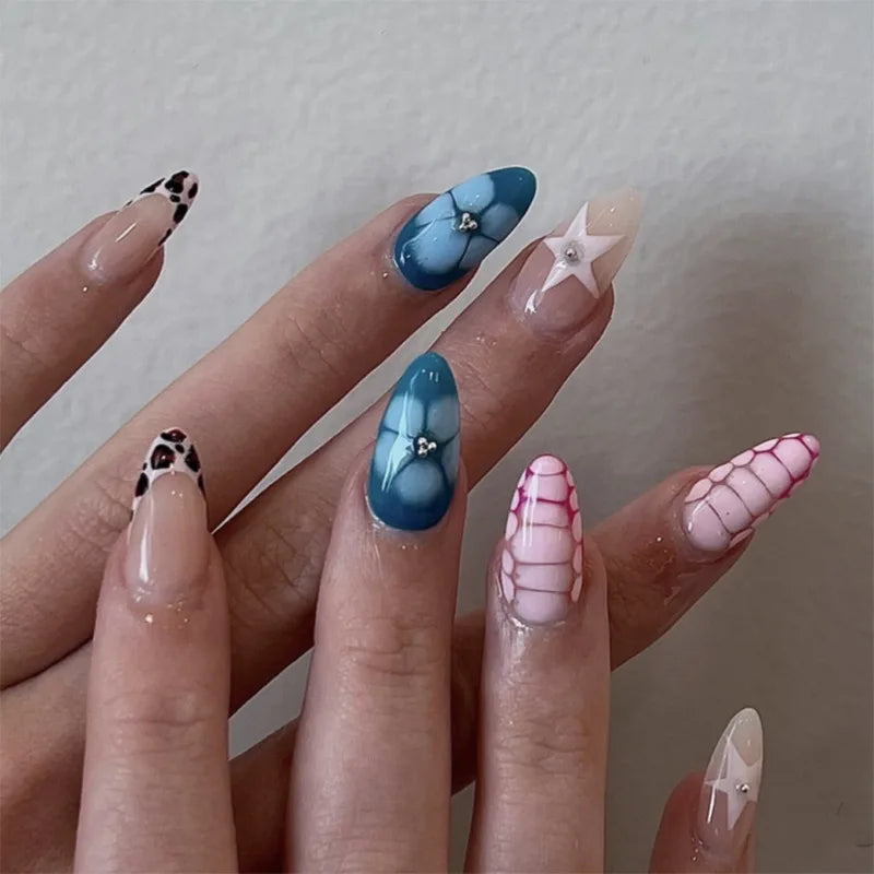 Blushimmer 3D bowknot pearl leopard French nude almond false nails with detachable design, perfect for stylish nail art.