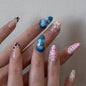 Blushimmer 3D bowknot pearl leopard French nude almond false nails with detachable design, perfect for stylish nail art.