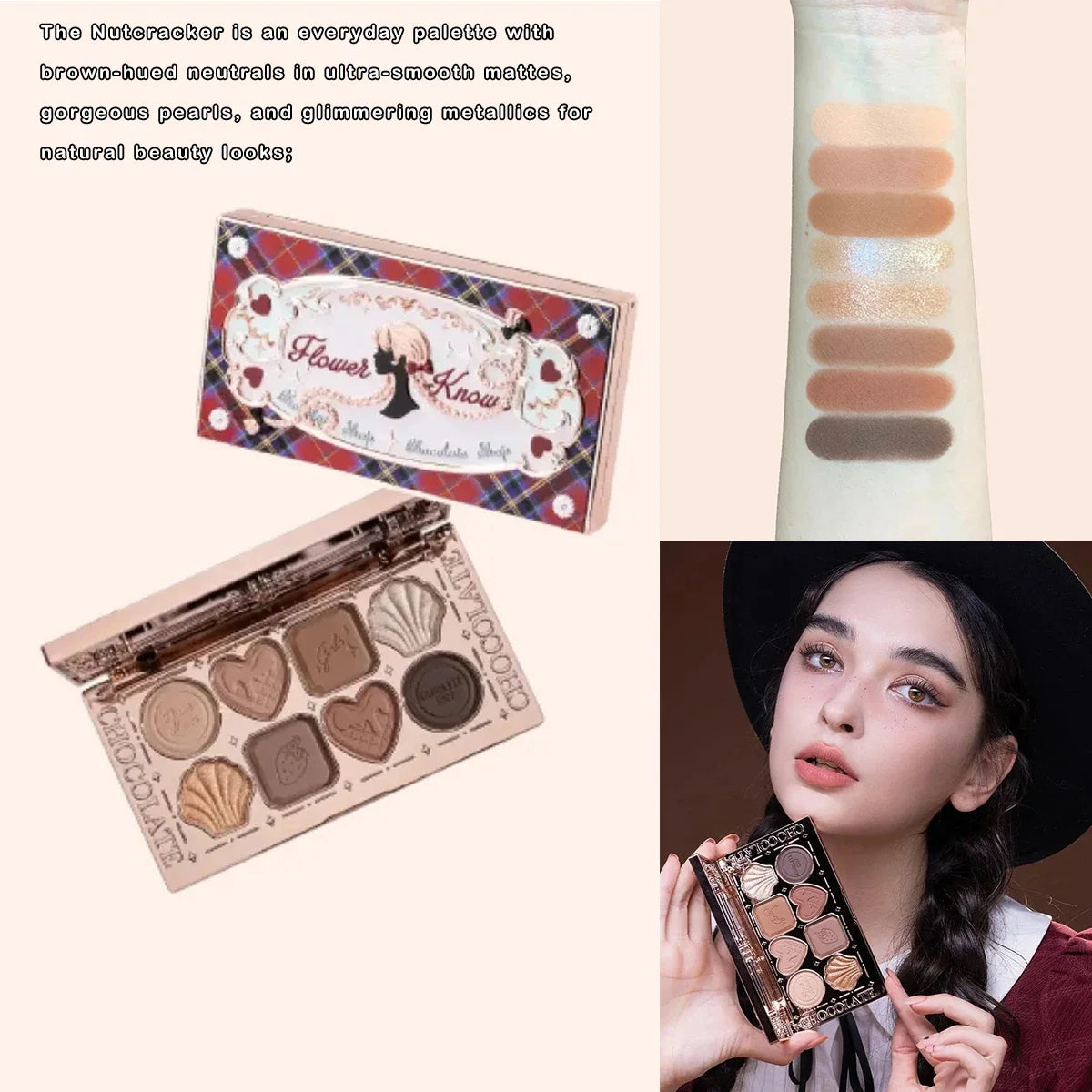 Blushimmer Flower Knows Chocolate Wonder-Shop 8-color eyeshadow palette with warm brown and neutral shades, open with eyeshadow pans visible.