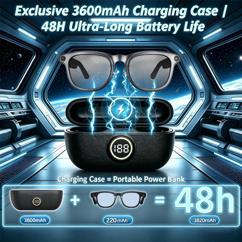 2026 New Smart Glasses+3600mAh Charging Case 800W HD Camera EIS Anti-shake Shooting AI Voice Assistant Fashionable Smart Glasses
