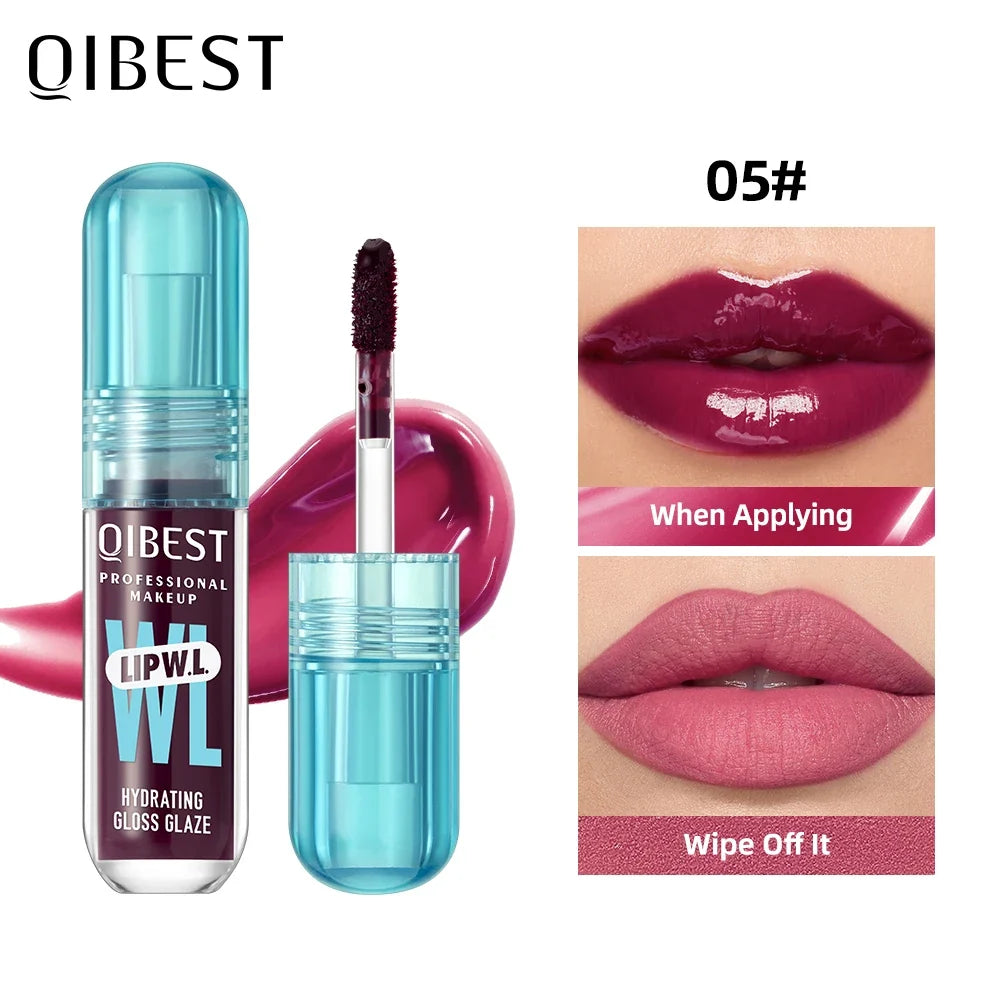 Blushimmer QIBEST Hydrating Crystal Lip Gloss with water-glazed finish and long-lasting moisturizing shine, shown in a sleek tube.