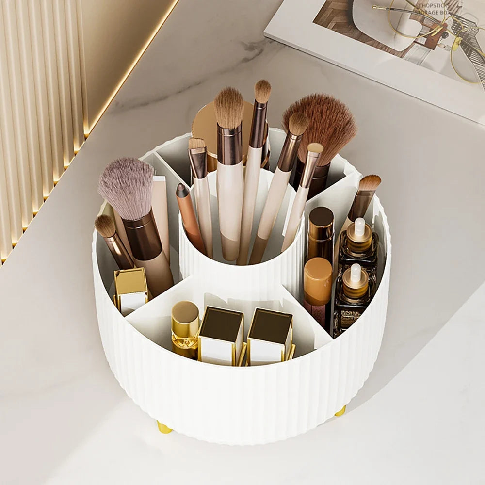 Blushimmer 360° rotating makeup storage box with large capacity, holds lipstick, brushes, pens, and cosmetics on a bathroom countertop