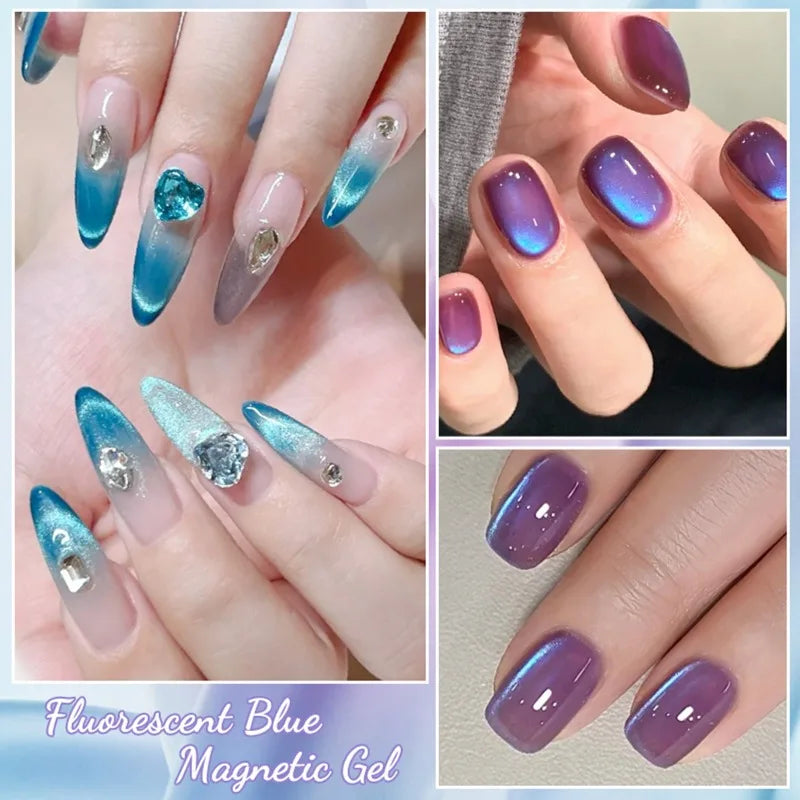 Blushimmer 7-piece shiny cat magnetic gel nail polish set with pink, colorful hues and magnetic rods, semi-permanent UV gel varnish.
