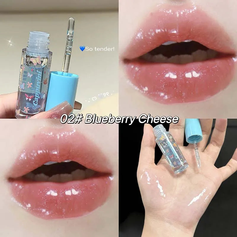 Blushimmer moisturizing shimmer lip gloss with hydrating jelly formula, featuring a reflective mirror glaze finish.