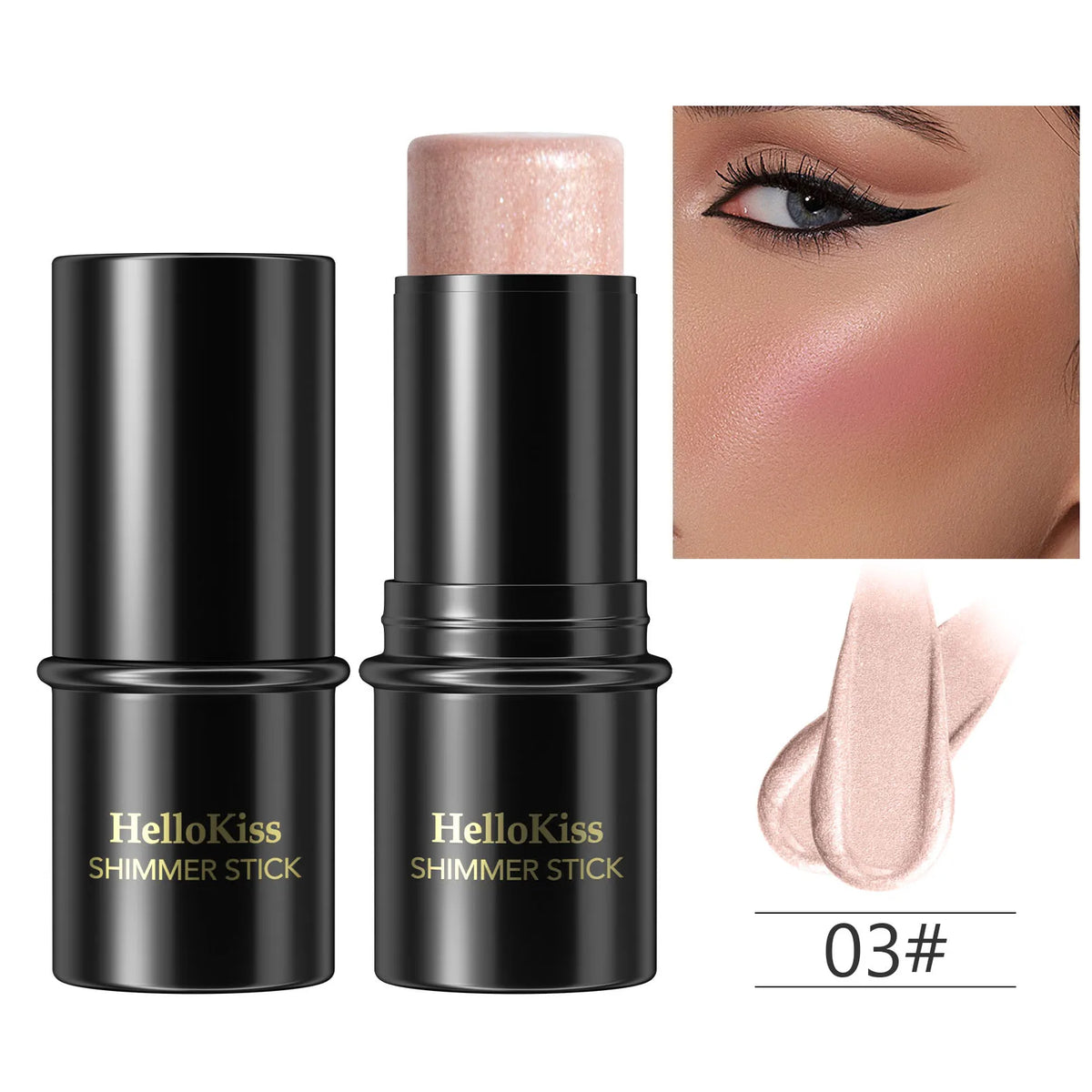 Blushimmer highlighting and bronzer stick with face brightening, blusher, concealer, and contouring for natural makeup looks.