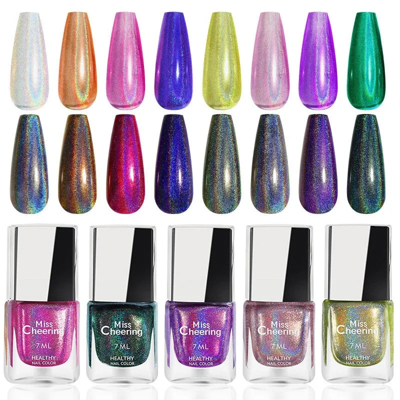 Rainbow Sparkle Holographic Nail Polish by Blushimmer, 7ml multichrome laser glitter lacquer with quick-dry formula for professional nail art.
