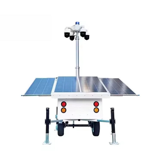 Mobile solar panel system by BACKUPMYFILESNOW.COM® with wireless security alarm, cloud storage, and outdoor use capabilities.