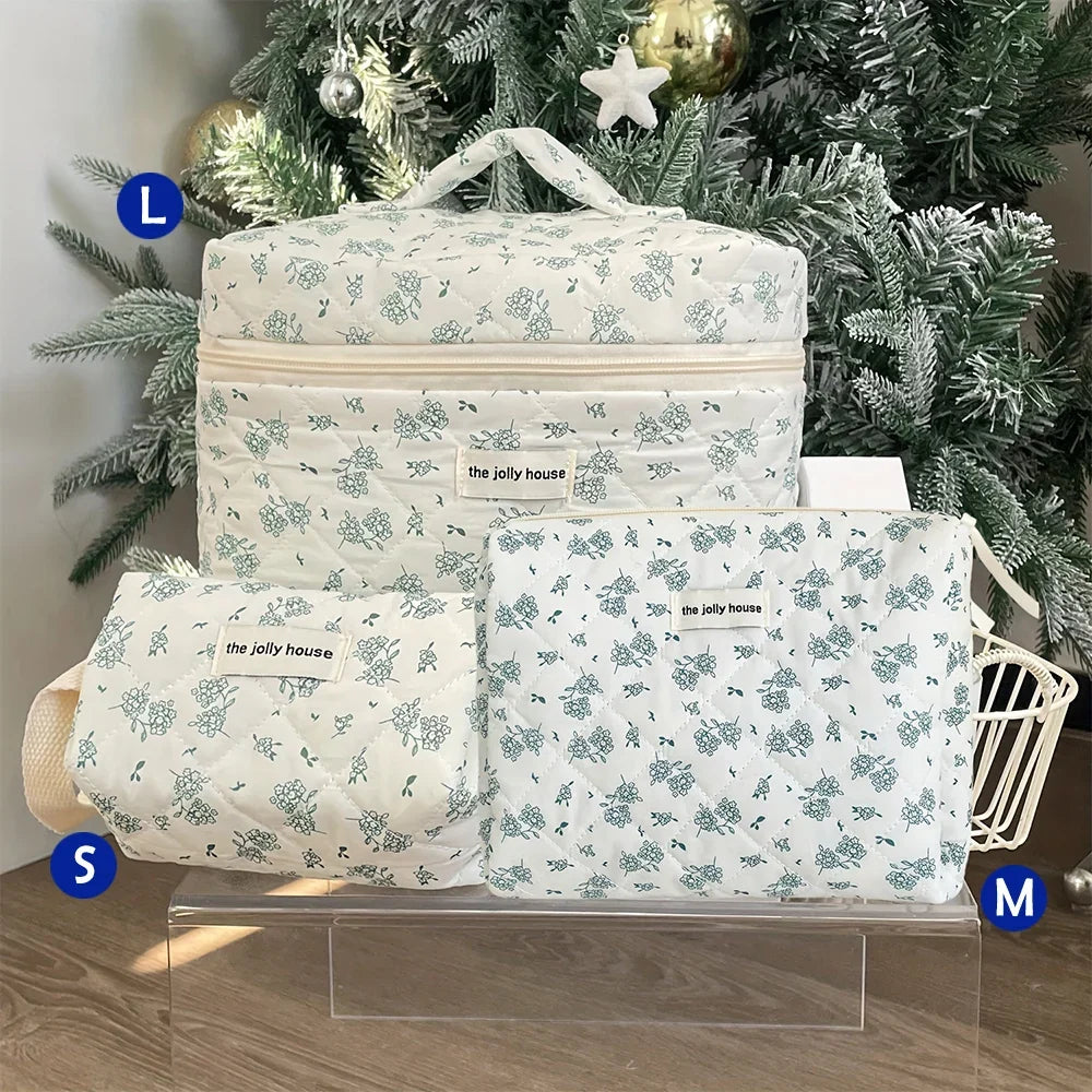 Cute quilted cotton makeup bag by Blushimmer, zipper closure, portable cosmetic organizer in box shape for women and girls.