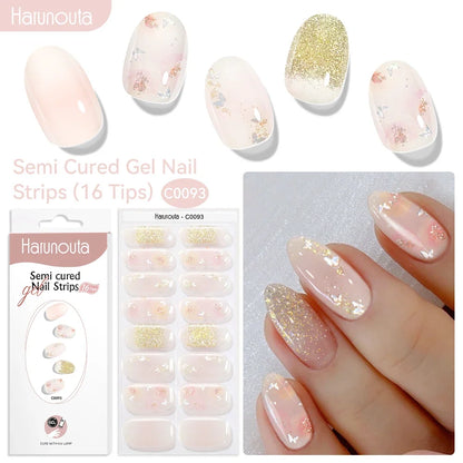 Harunouta 16-strip gradient red marble gel nail strips with gold lines, semi-cured DIY gel polish stickers for UV/LED nails, Blushimmer.