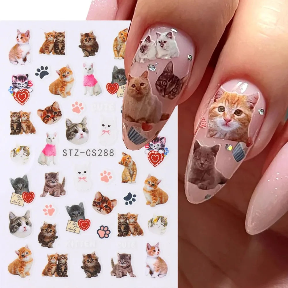 Cute 3D Korean cartoon dog, cat, bunny nail art stickers by Blushimmer, featuring adorable puppy, kitty, and star designs on self-adhesive nails.