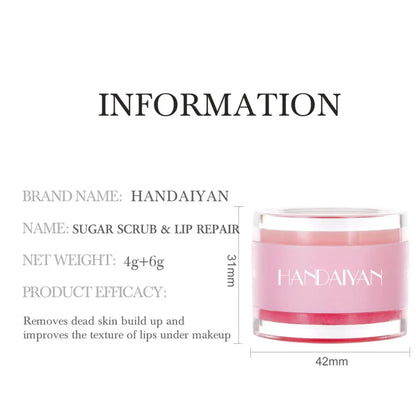Blushimmer Handaiyan 2-in-1 lip scrub balm with sugar exfoliator and hydrating repair mask for smooth, moisturized lips.