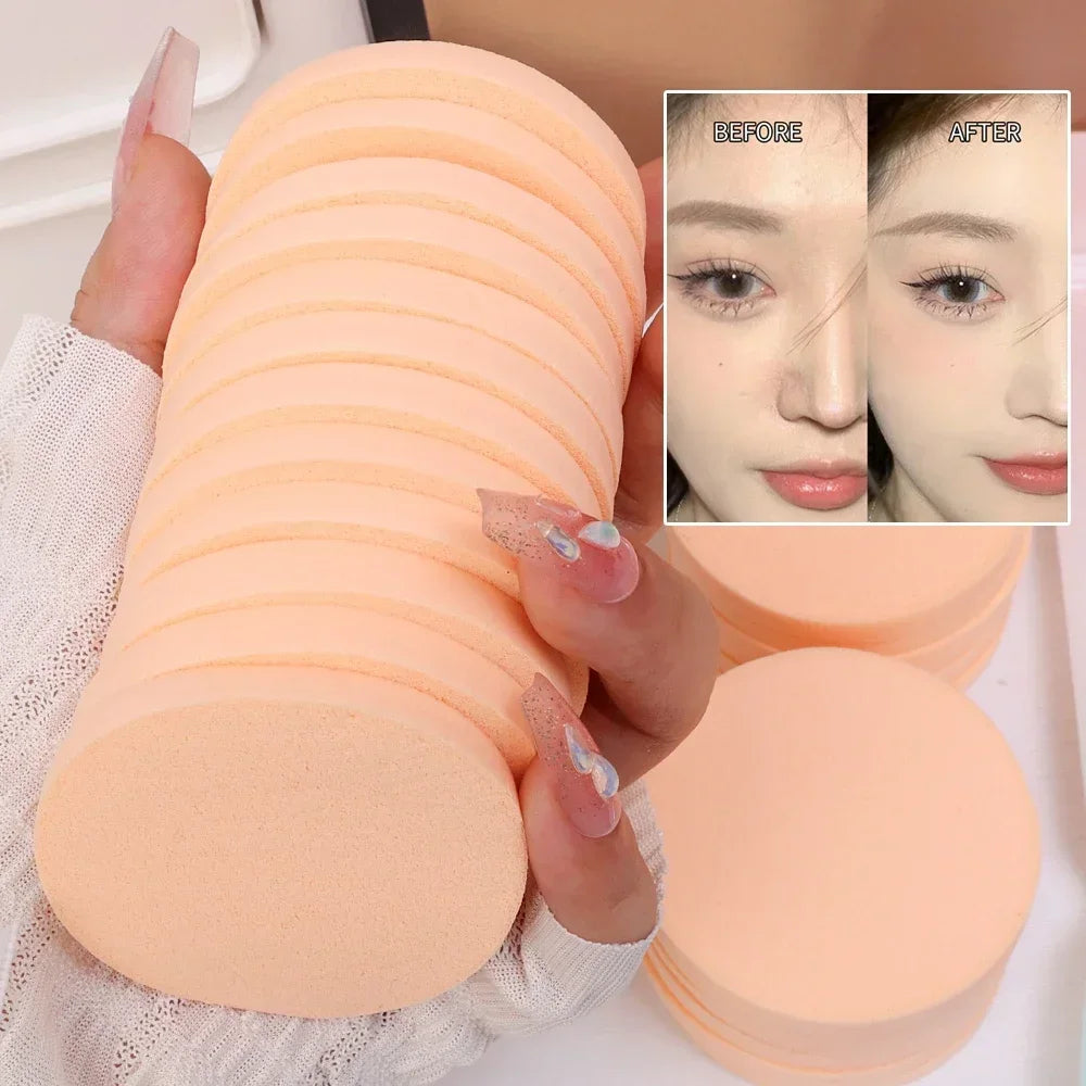 Set of 12-120 round sponge powder puffs for BB cream, foundation, and makeup application; dual-use beauty cosmetic tools by Blushimmer.