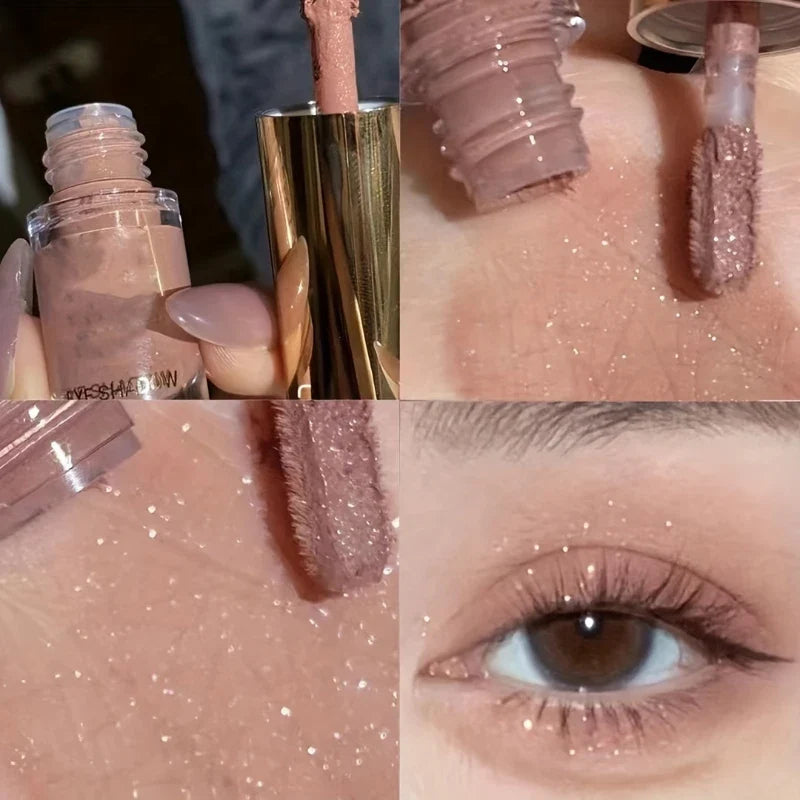 Blushimmer liquid eyeshadow stick with matte and glitter shades, creamy blendable texture for natural eye makeup, long-lasting wear.