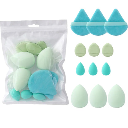Set of 12 Blushimmer all-purpose makeup sponges including powder puffs, mini air cushion puffs, beauty eggs, and mini beauty sponges.